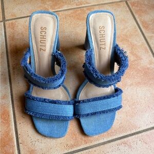 SCHUTZ Frayed Blue Denim Heels